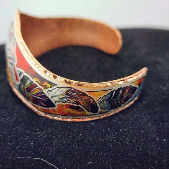 Colorful Native Inspired Copper Feather adjustable cuff bracelet - Picture 4 of 6